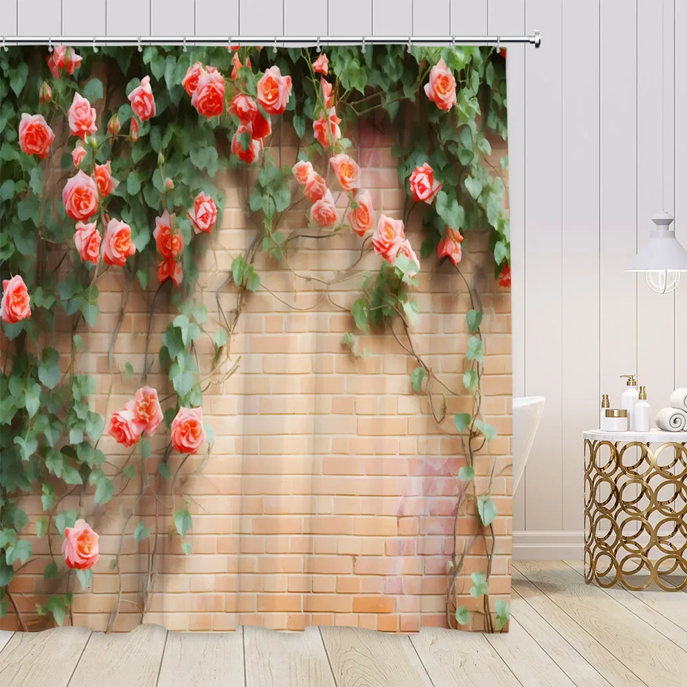 Green Vines Showers Wooden Plank Wall Brick Wall Ivy Greenery Plants Pink Rose Bathroom Decor Vintage Fabric Floral Bath Curtain