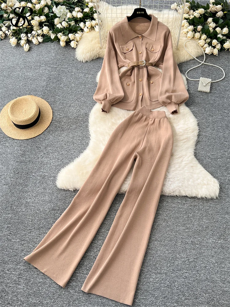 SINGREINY Winter OL Warm Two Pieces Sets Ladies Lantern Sleeves With Belt Tops+Wide Legs Long Pants Sets Slim Knitted Suits