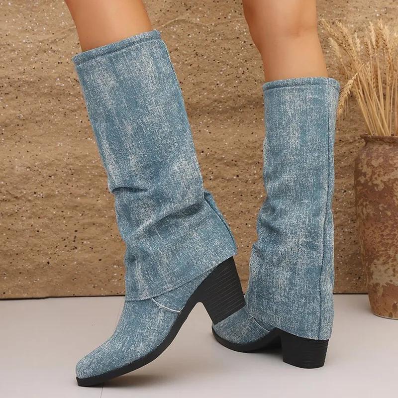 Fashion Womens Knee-High Motorcycle Boots New Pointed Toe Block Middle Heel Slouchy Casual and Daily Footwear Street Style Botas
