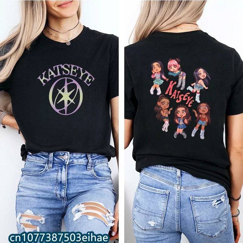 Stylish Vintage KATSEYE Pattern T Shirt Hot K-pop Korean Fashion Soft Cotton Loose Streetwear Daily Casual Wear for Girls Ladies