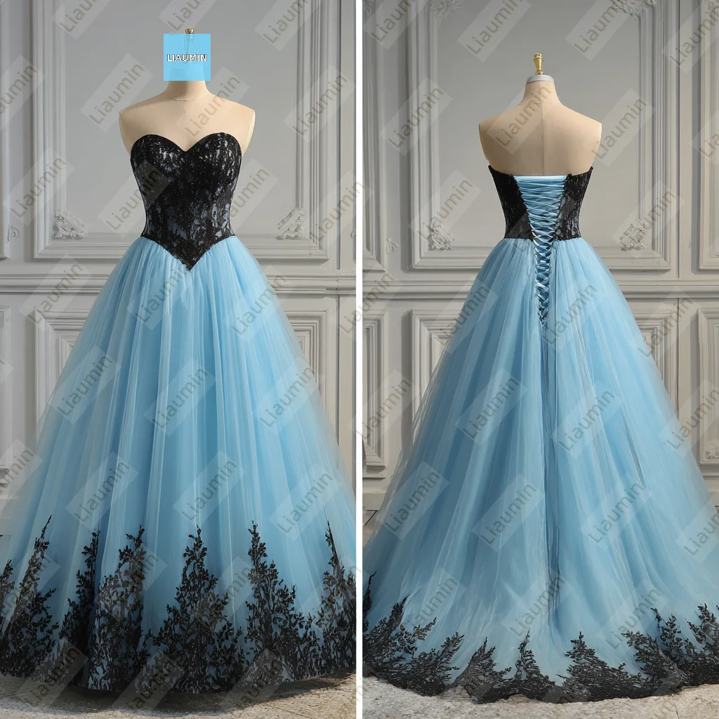 

Classic Blue Black Lace Applique Strapless Floor Length Evening Prom Wedding Formal Dress Lace-up Back Customized Made A7-1.84