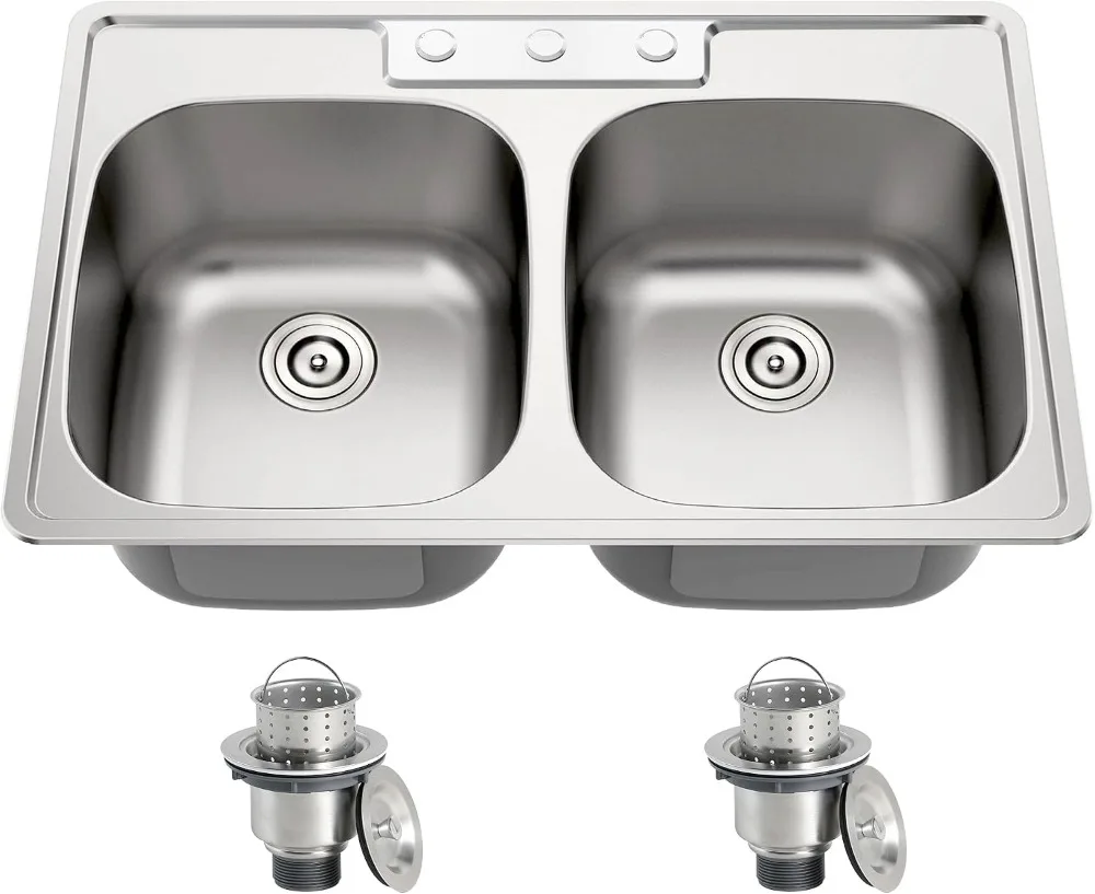 33x22 Drop In Double Bowl 50/50 Topmount Kitchen Sink 18 Gauge