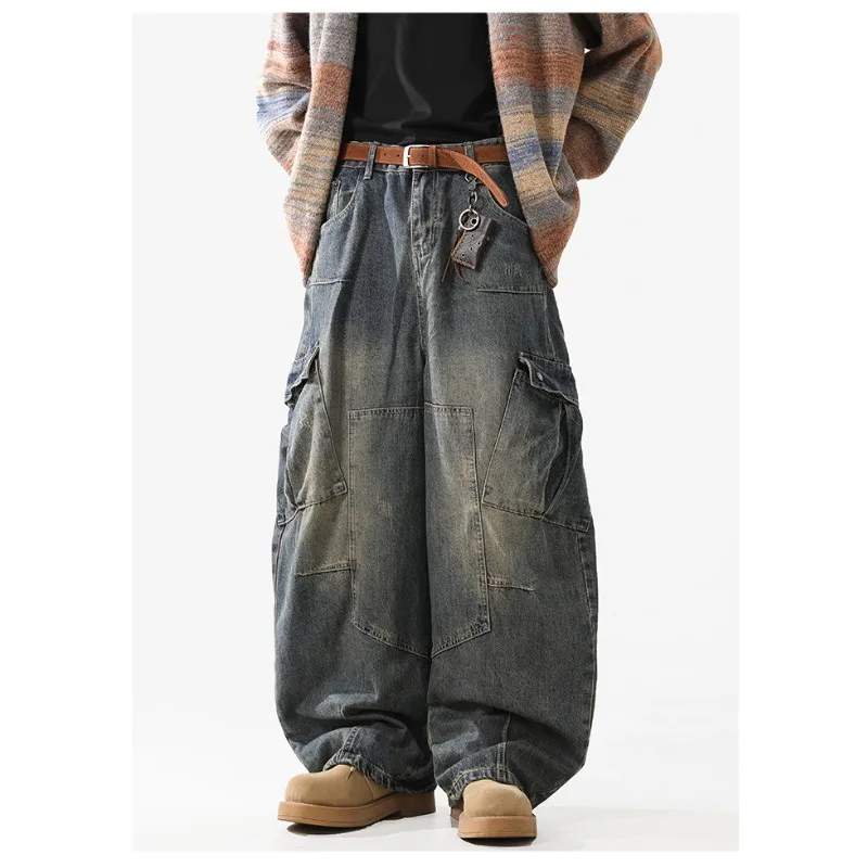 American Retro Multi Pocket Denim Cargo Pants for Men 2026 New Washed High Street Hip-hop Loose Wide Leg Jeans Y2k Streetwear