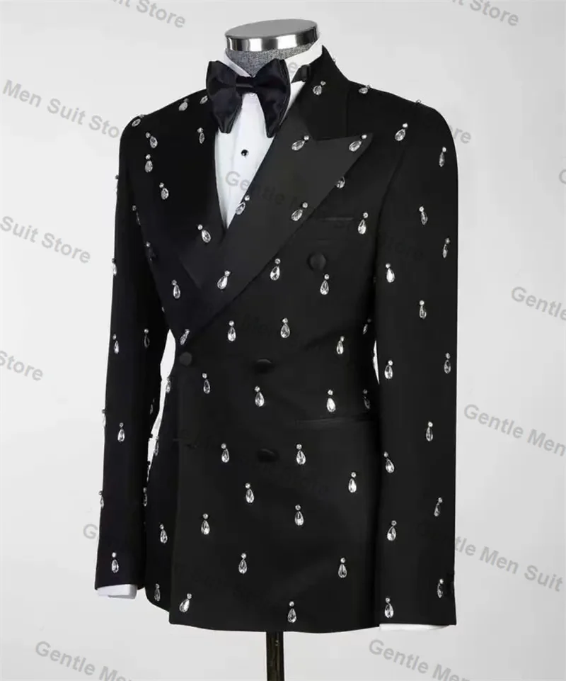 Black Crystals Men Suits Pant 2 Piece Blazer+Trouser Prom Wedding Tuxedo Male Cotton Coat Customized Formal Office Jacket