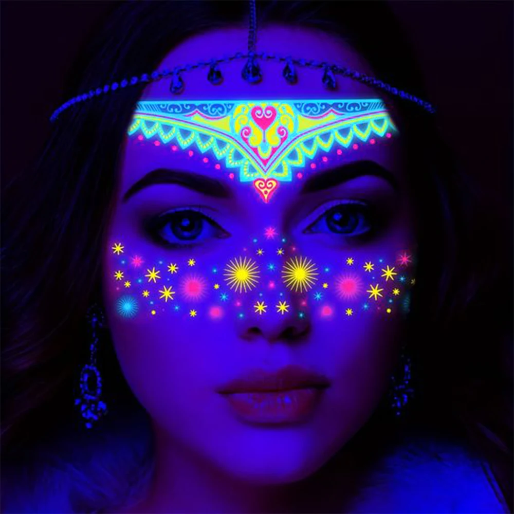 1/4/8Pcs Waterproof Temporary Fluorescent Face Stickers 15x14cm Halloween Neon Face Decal Music Festival Party Face Slider
