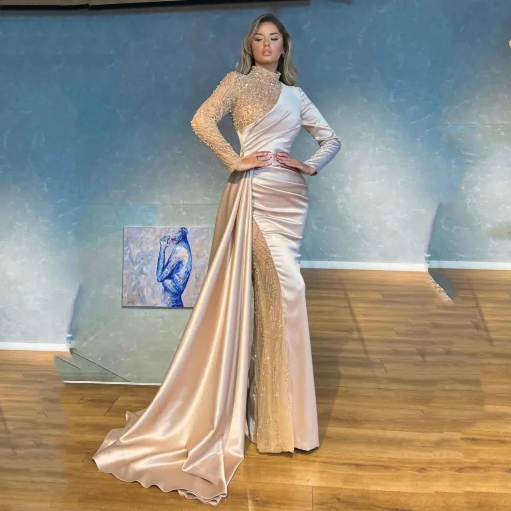 

Flora Dress Champagne Satin Mermaid Evening Gowns High Neck Long Sleeves Prom Dresses Soft Satin With Train Robes De Soirée