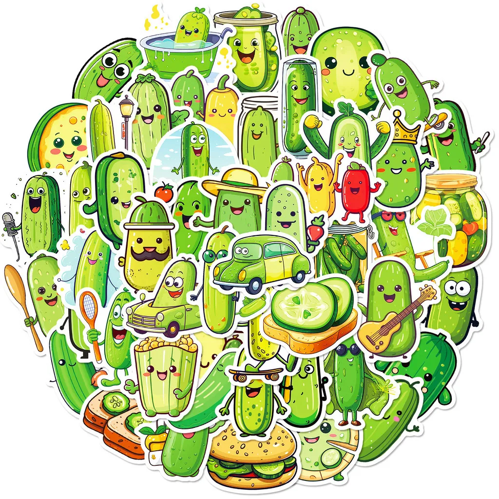 50Pcs Cartoon Pickle Stickers, Cute Dill Pickle Decals for Luggage, Notebook & Water Bottle DIY Golden Memory Stickers Store