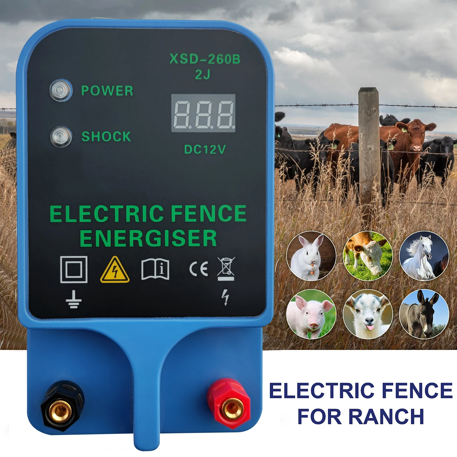 

10KM Electric Fence Energizer 10.5 KV High Voltage Controller Energizer Tools for Sheep Cattle Horse Poultry Fence for Livestock