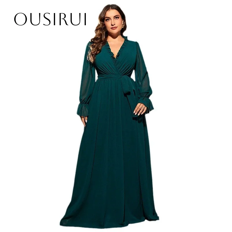 Chiffon V-ausschnitt A-linie Prom Kleider Bodenlangen Schärpe Lange Ärmel Abendkleid Angepasst vestidos de fiesta elegantes