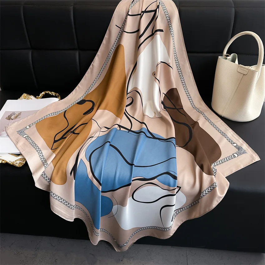 90*90cm Bedruckter Weicher Quadratischer Schal Frühling Sommer Atmungsaktive Damen Seidenschals Bandanas Luxuriöser Strand-Schal Eleganter Hijab – Detail 11