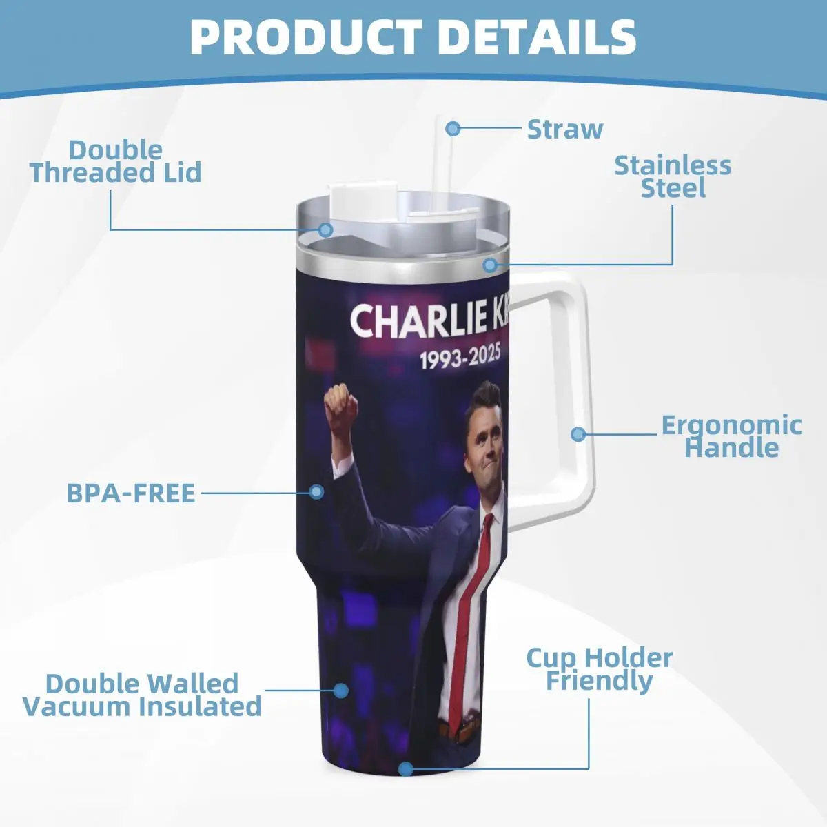 Repose-gobelet en acier inoxydable dans la paix, tasse à café Charlie Kirk, tasses de voiture froides et chaudes isolées, bouteille d'eau personnalisée pour voyageur