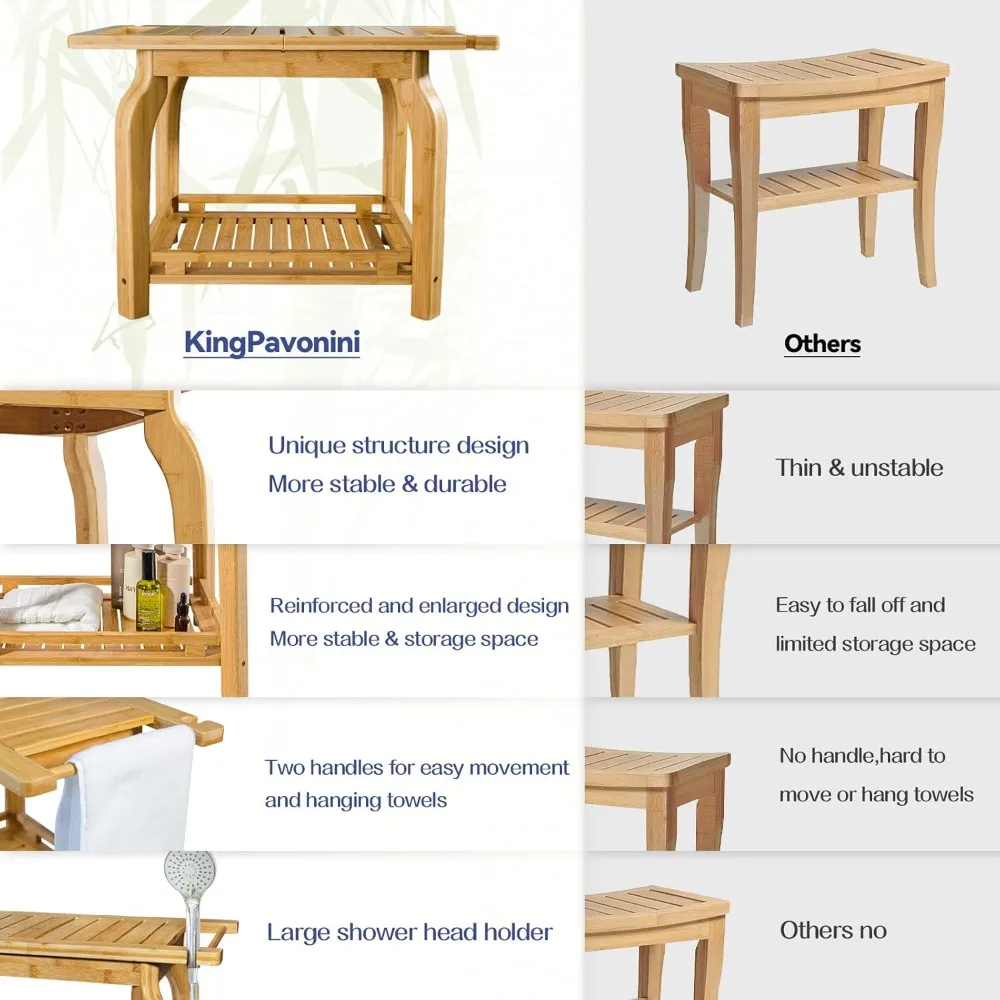 

Табурет для душа в помещении, душевые ножки для бритья с полкой для хранения для взрослых, 2-уровневый бамбуковый 25 дюймовый водонепроницаемый табурет для душа