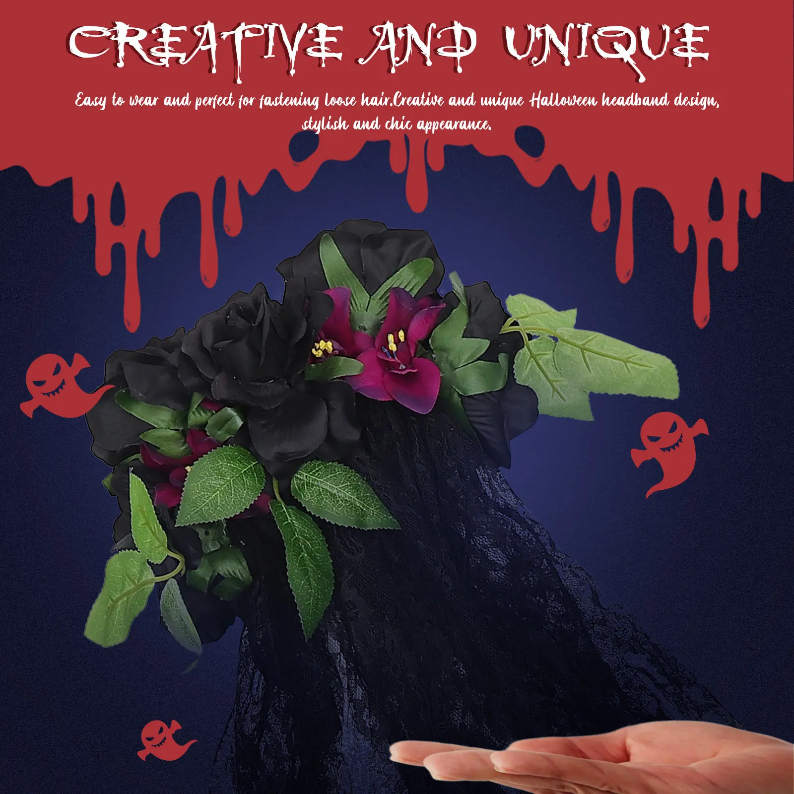 

Creative Halloween Women Rose Veil Hairband Stylish Party Stage Performance Hair Decoration Unique Festival Hair Accessory