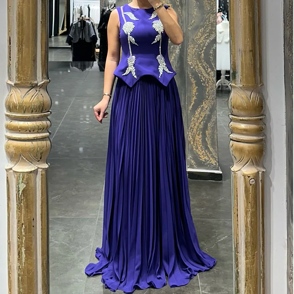 

Customized A-line Evening Dresses Floor-length O-neck Sleeveless Prom Gown Simple Fashion Crystal Draped Exquisite Party Gown