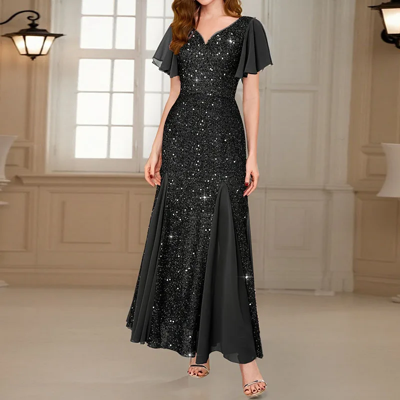 Fashion Glitter Sequins Shiny Evening Dress Women Spring High Waist Patchwork Mesh Long Dress Summer Butterfly Sleeve Boho Dress