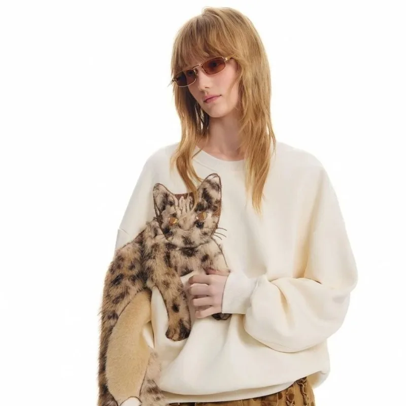 Women Crew Neck Sweatshirt 3D Furry Cat Decor Patchwork Long Sleeve Pullover Loose Drop Shoulder Casual Streetwear Top for Daily