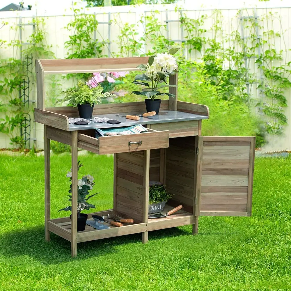 Potting Bench Table Natural Wood Garden Plant Lawn Patio Table Storage Shel Metal Tabletop Outdoor Workstation Pot Bench w/Cabin