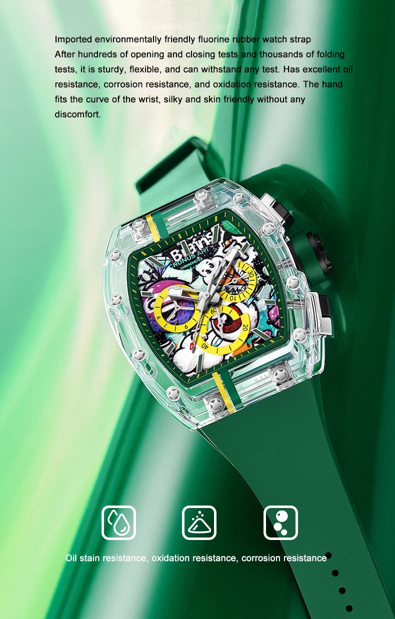 CRONUSART Orologio cronografo da uomo 50MM Tonneau Orologio da polso meccanico Cassa in zaffiro Cinturino in gomma fluorurata luminosa Grandi finestre triple