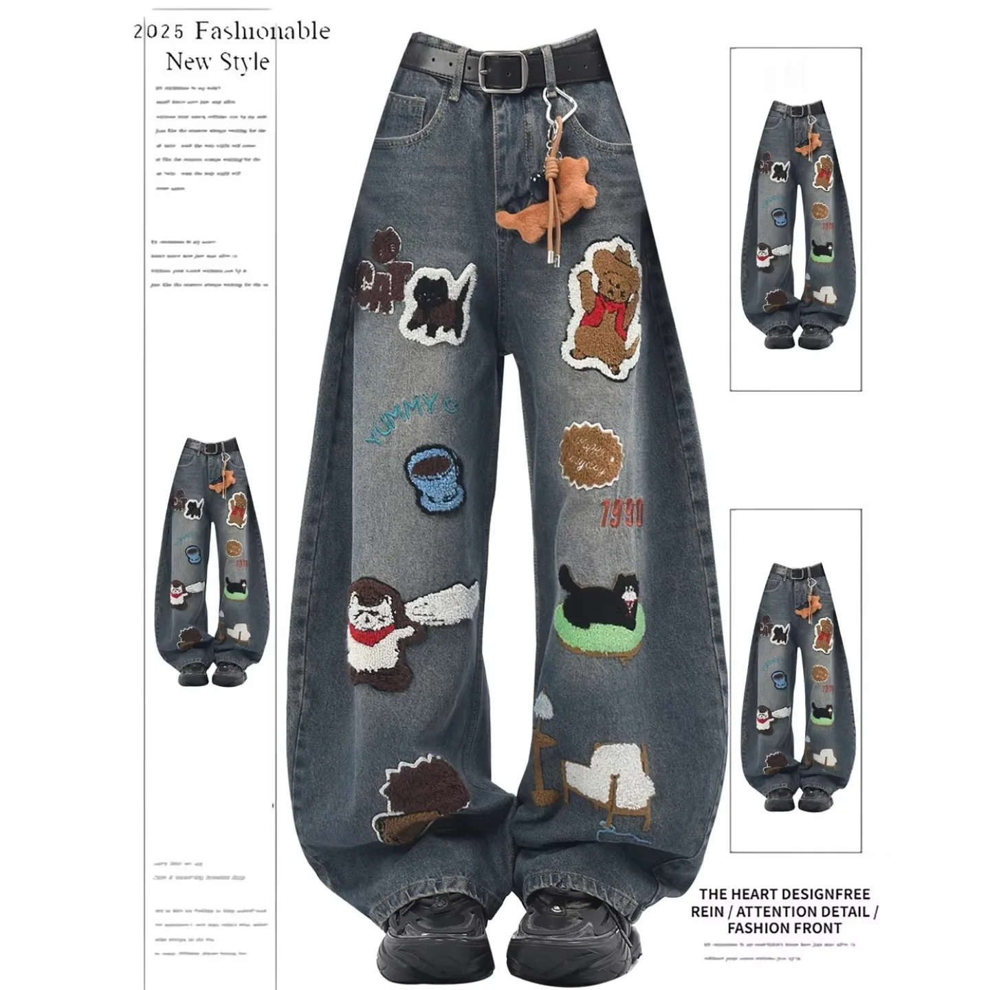 

Women's Baggy Jeans Harajuku Cute Core Cartoon Embroidery Denim Pants Wide Fit American Retro Y2K Harajuku Cowboy High Street