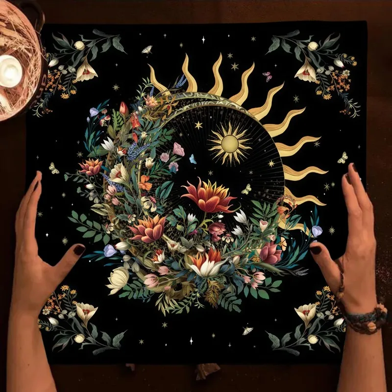 Floral Sun Moon Plants Tarot Tablecloth Wicca Altar Cloth Starry Sky Tarot Card Table Cover Aesthetic Home Room Decor