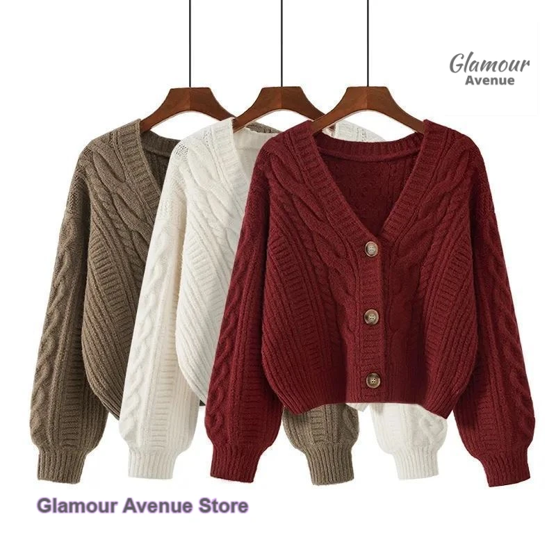 

French retro minimalist wind Joker V-neck twist sweater women's autumn and winter new temperament thick knit cardigan jacket.