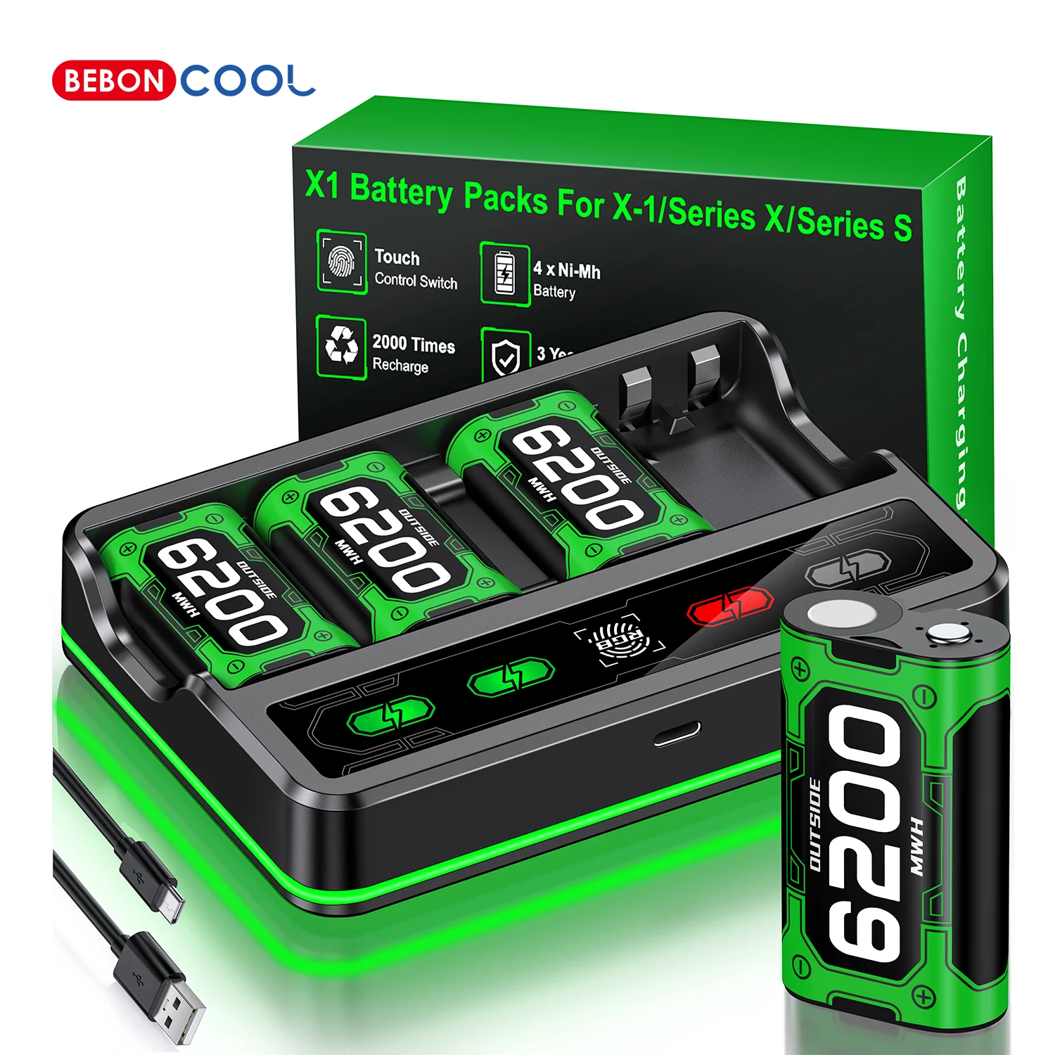 Beboncool X800/X801(white)Rechargeable Battery Pack for Xbox Series X/S/One/Elite Controllers - 6200mWh 4-Port Safety Protection