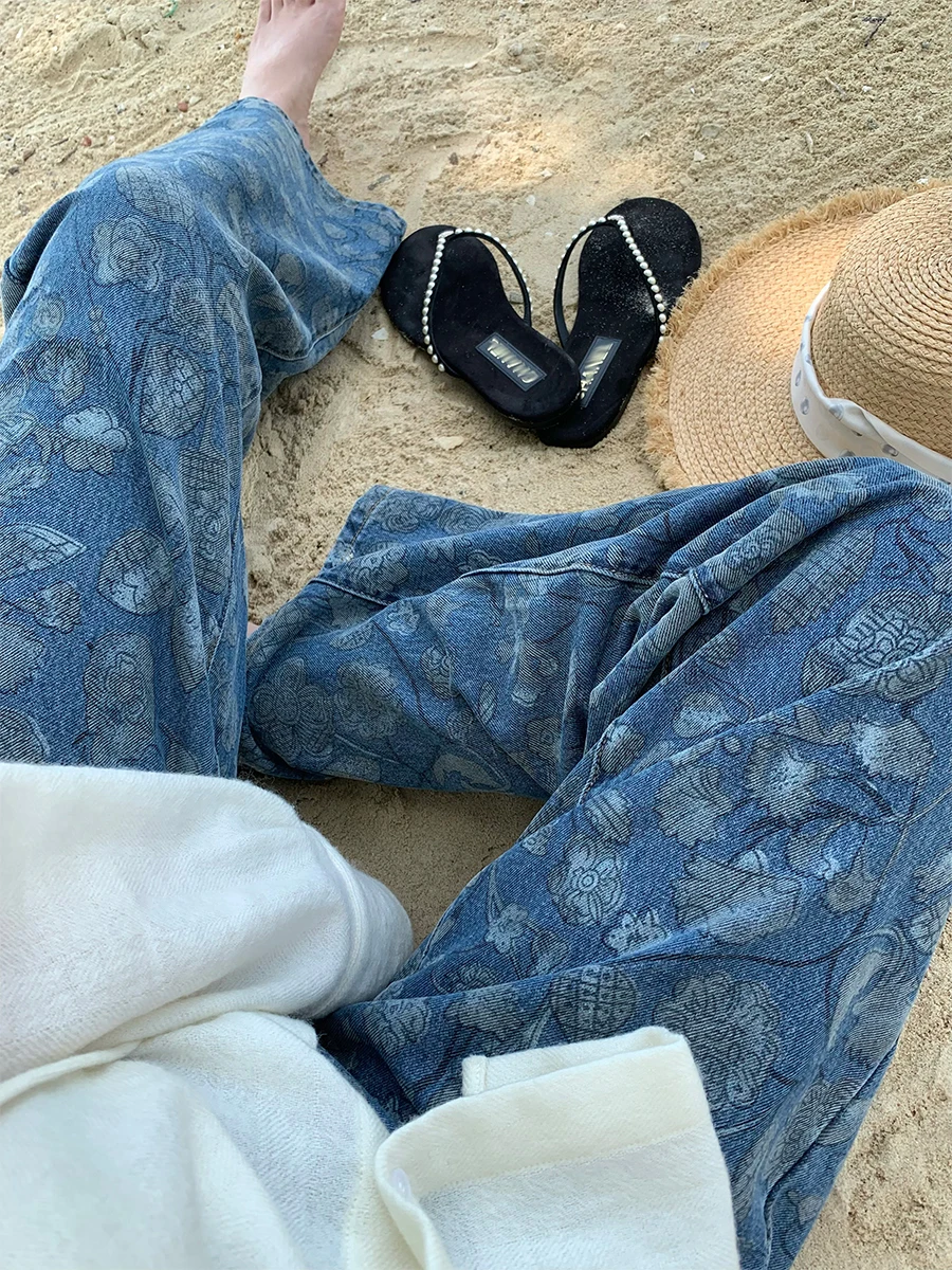 

Джинсы женские Good Morning Fan Fan Tea Flower, свободные, прямого кроя, из хлопкового стрейч-денима, весенние, повседневные, длинные брюки