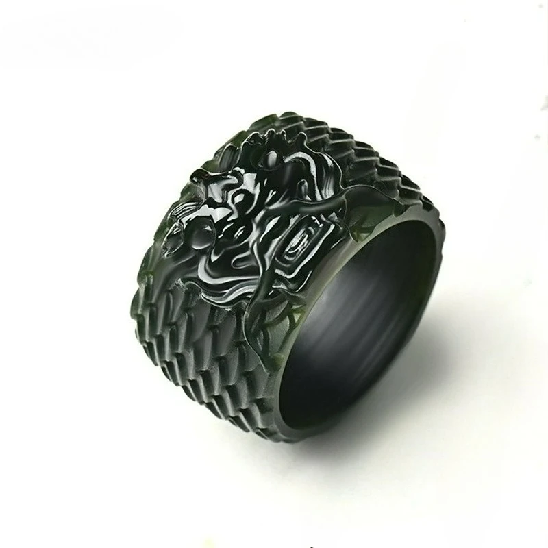 Natural Xinjiang Hetian Cyan Jade Dragon Head Ring Men's Domineering Personality Fashionable Accessories Holiday Party Gift