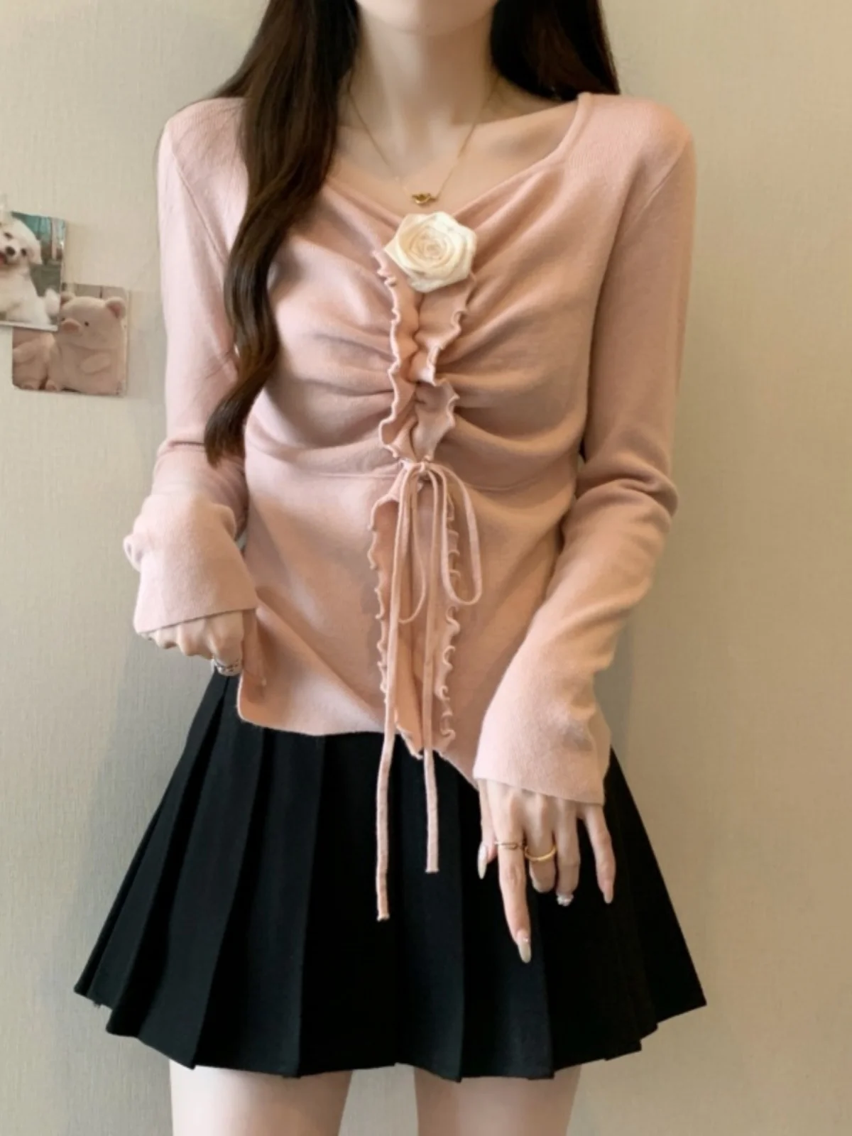 

Women's V-neck Long Sleeve Knitted Sweater Short Style Frock Design Spring Autumn plus Size Big Flowers 3D Decoration Pleated
