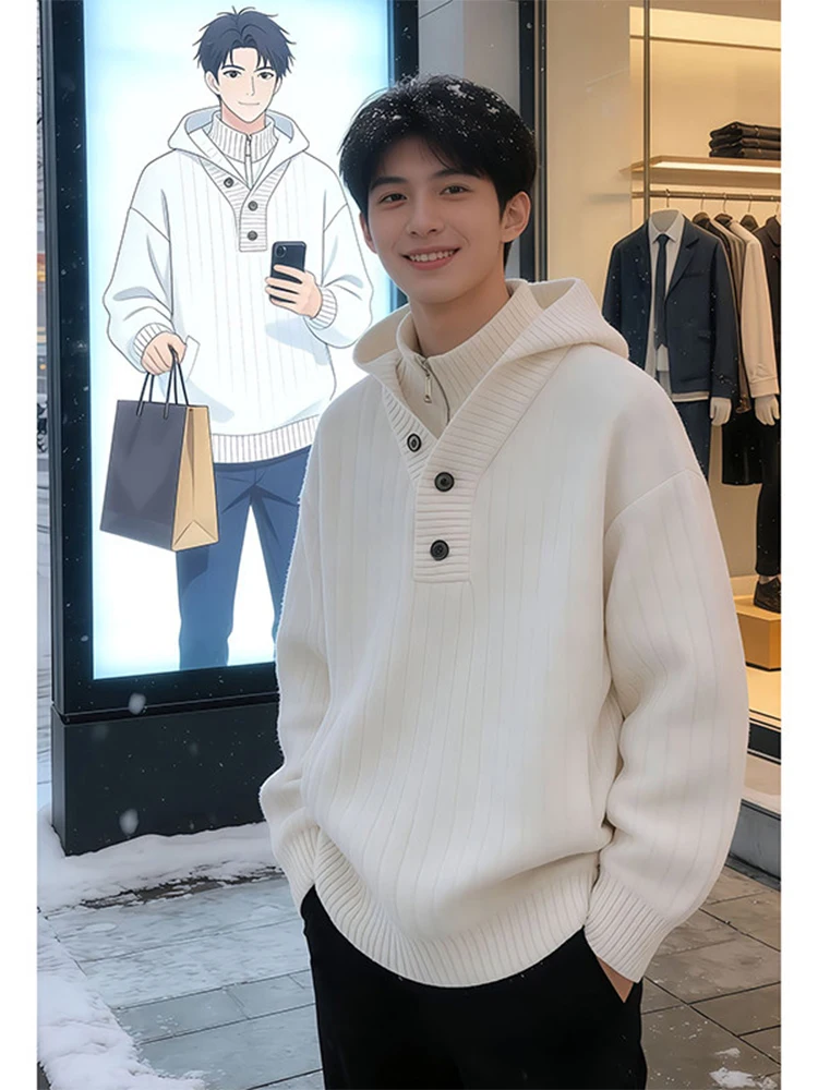 

Белый утепленный зимний вязаный свитер с капюшоном на молнии для мужчин, повседневная молодежная модная одежда для весны, мягкий и удобный