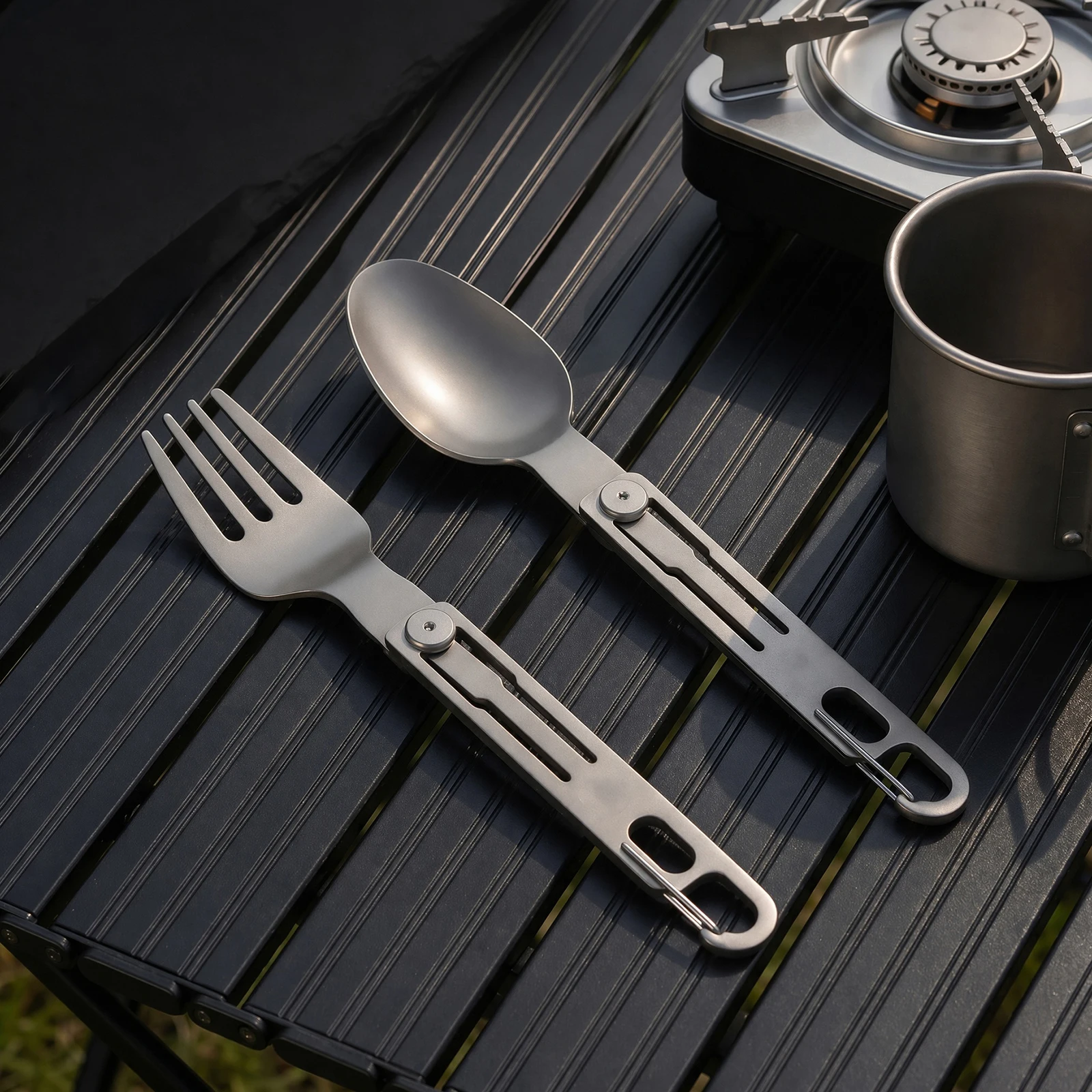 Stainless Steel Travel Utensil with Hanging Loop and Clip Rotating Foldable Spork Lightweight Compact for Outdoor Travel Camping
