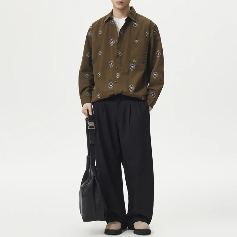 Male Commuter Korean Fashion Shirt Blouses Men's Pure Cotton Embroidery Vintage Long Sleeve Loose Casual Vintage Shirt