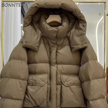 Mit kapuze Parkas Frauen Herbst Winter Warm Halten Lose Alle-spiel Brot Kleidung Chic Solide Taschen Zipper-up tasten Casual Streetwear