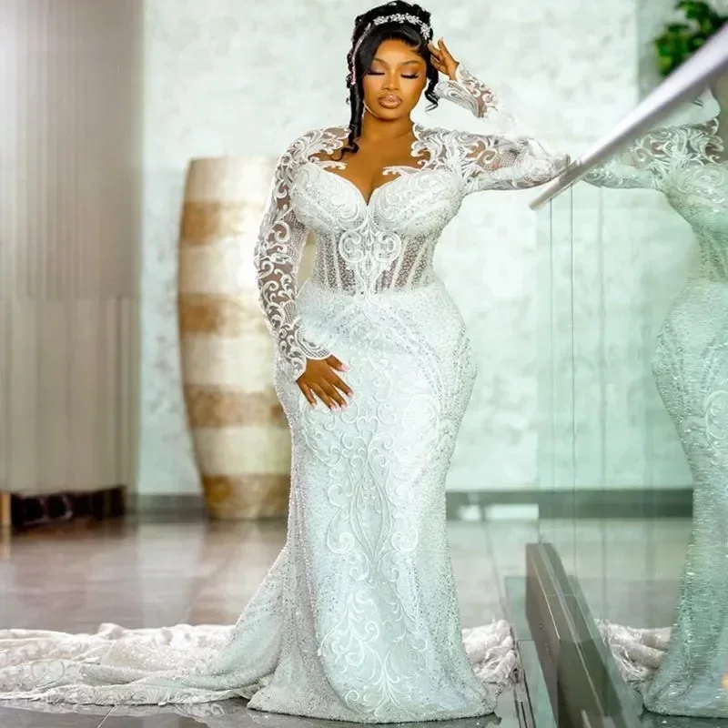 

Customized Plus Size Mermaid Wedding Dress For Bride Bride Gowns Long Sleeves Sheer Neck Long Sleeves Beaded Lace Tiered Tulle