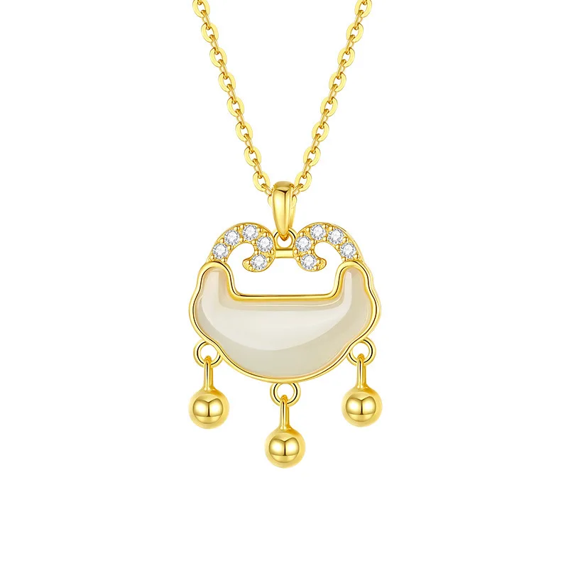 

S925 Sterling Silver Peace Ruyi Lock Necklace Hotan Jade Pendant Collar Chain