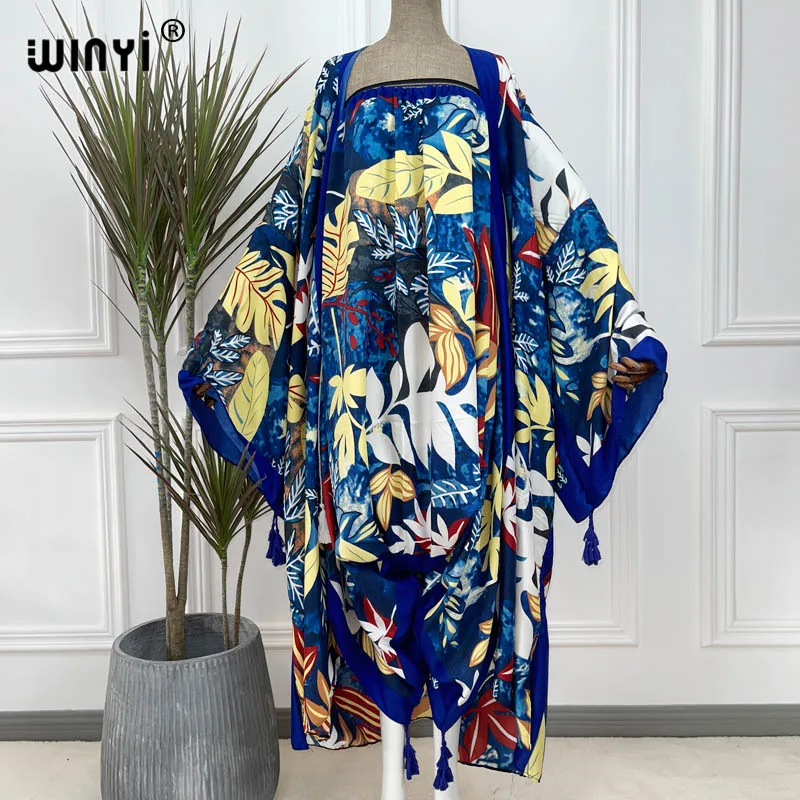 2022 winyi zweiteiligen Anzug Boho gedruckt Kimonos Verano Fledermaus Ärmel Sukienka Frauen elastische boden lange neue Mode Flut