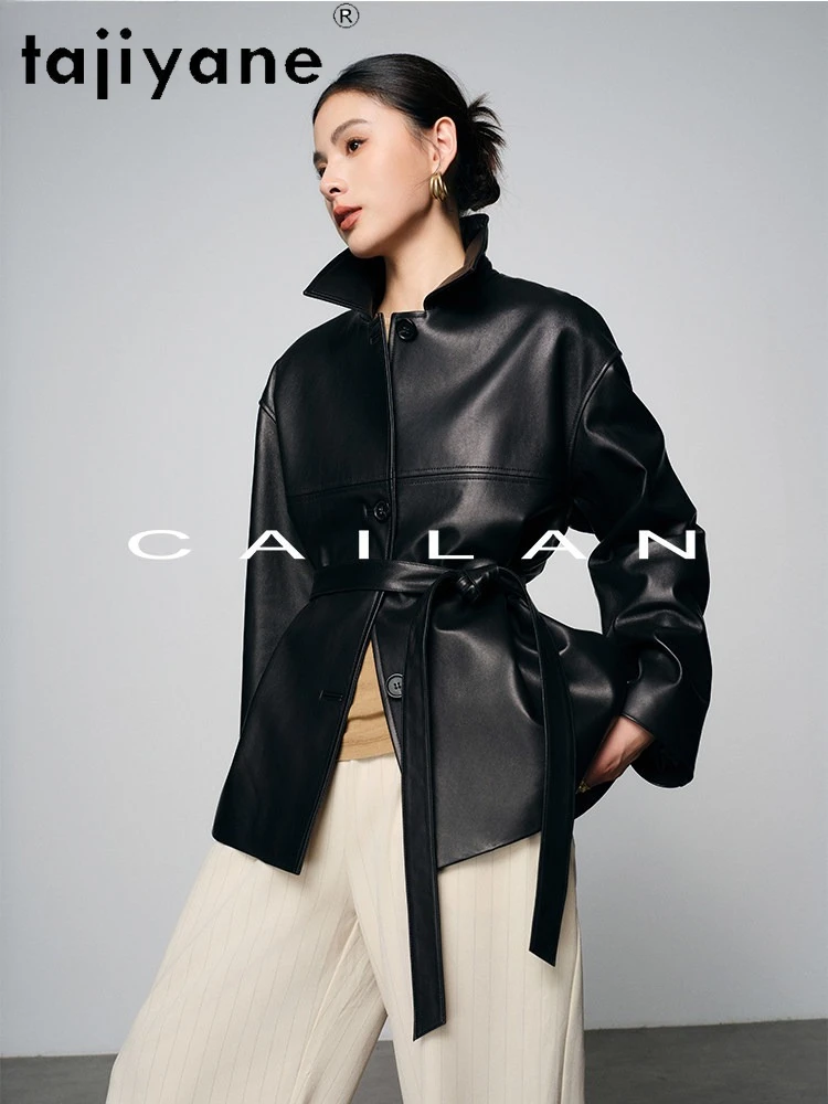 TAJIYANE Oryginalna kurtka ze skóry owczej damska, płaszcz typu trencz średniej długości, stylowe kurtki ze skóry naturalnej, kolekcja jesień 2026, odzież damska, kurtka skórzana