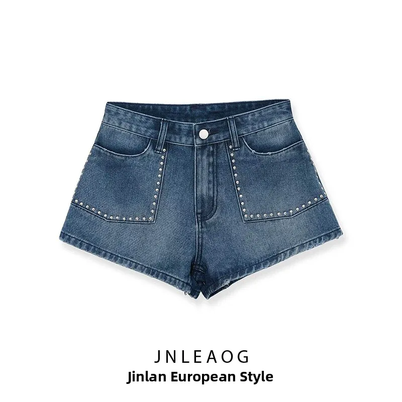 

JNLEAOG Spring New Women's Fashion Versatile Rivet Decorated Denim Shorts Straight Leg Micro Stretch Natural Waist Button Clo...