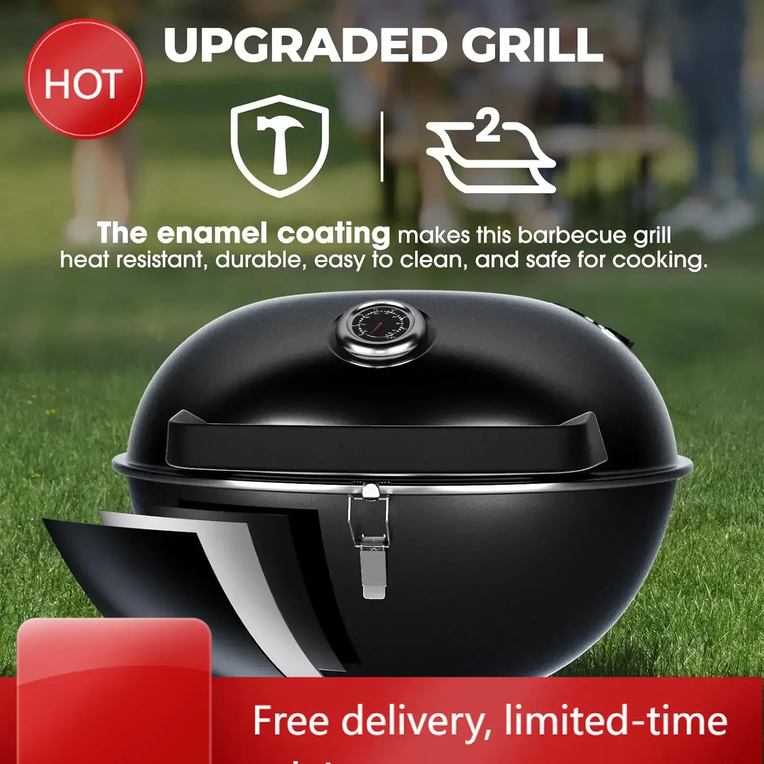 

22-дюймовый угольный гриль с 2 складными боковыми столиками, угольные грили-котелки на колесах, уличный гриль для барбекю, портативный угольный гриль