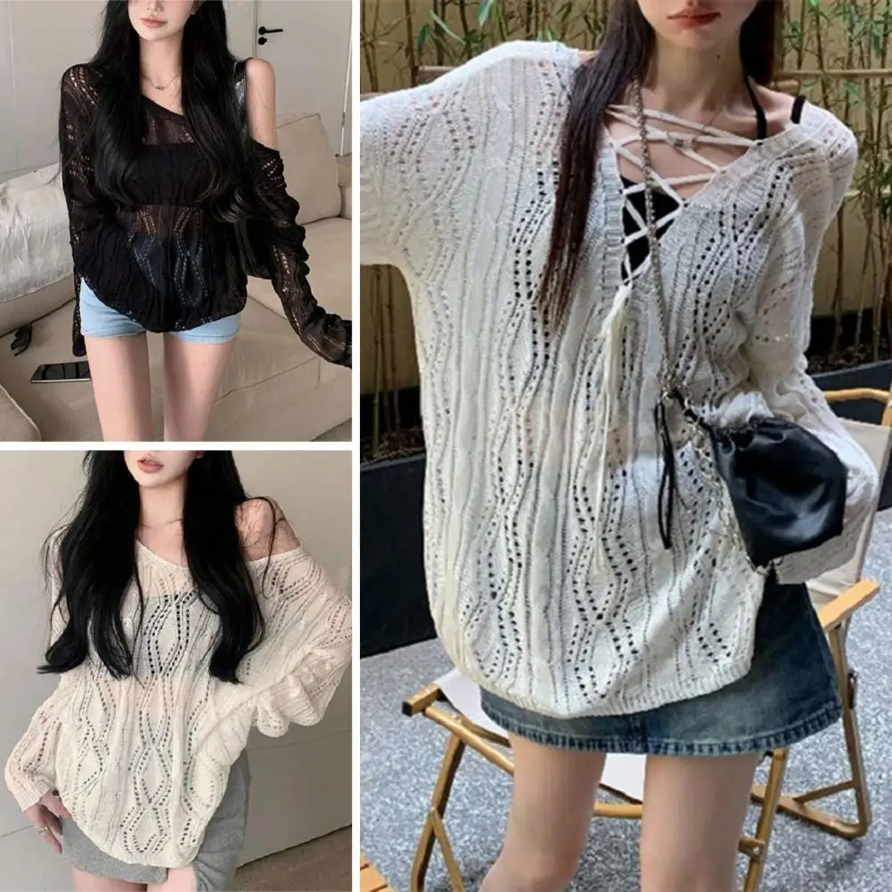 

Comfortable Knit Top Stylish Women's Knitted Hollow Design V-neck Pullover Tops with Long Sleeves Sun Protection for Fashionable