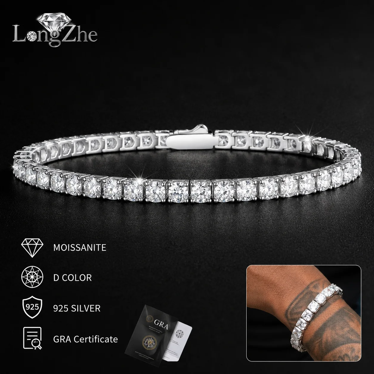 

Moissanite Tennis Bracelet for Men Women S925 Sterling Silver 0.035-1CT Round Cut 15-21cm Anniversary Party Fine Jewelry Gift