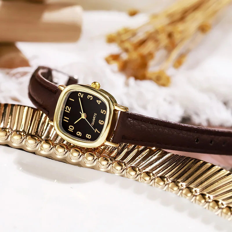Women's Square Retro Leather Belt Watch Korean Fashion Simple Luxury Quartz Wristwatch Daily Reloj Mujer Montre
