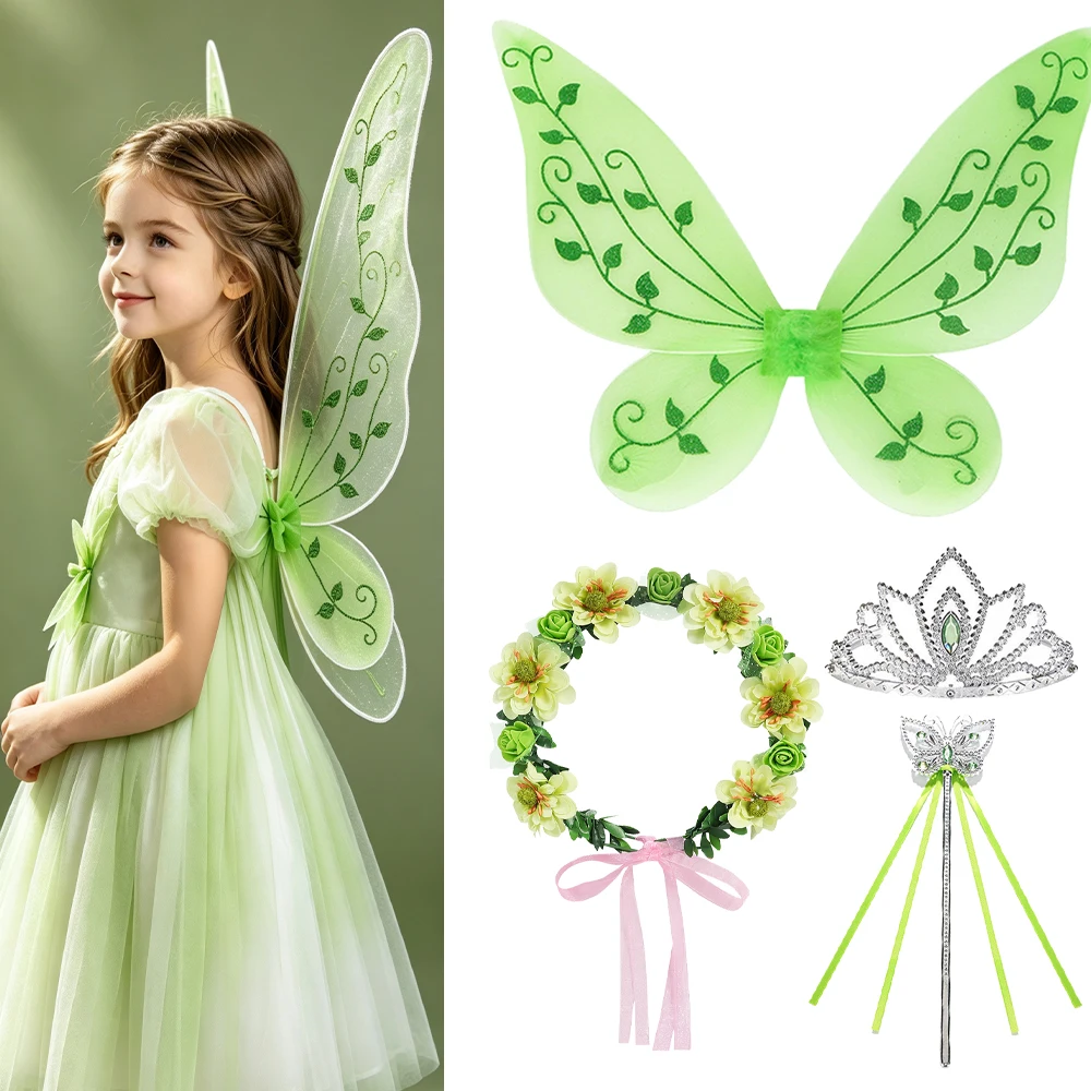 Girls Green Fairy Cosplay Set With Butterfly Wings Headband For Halloween Birthday Party Dress Up Costume