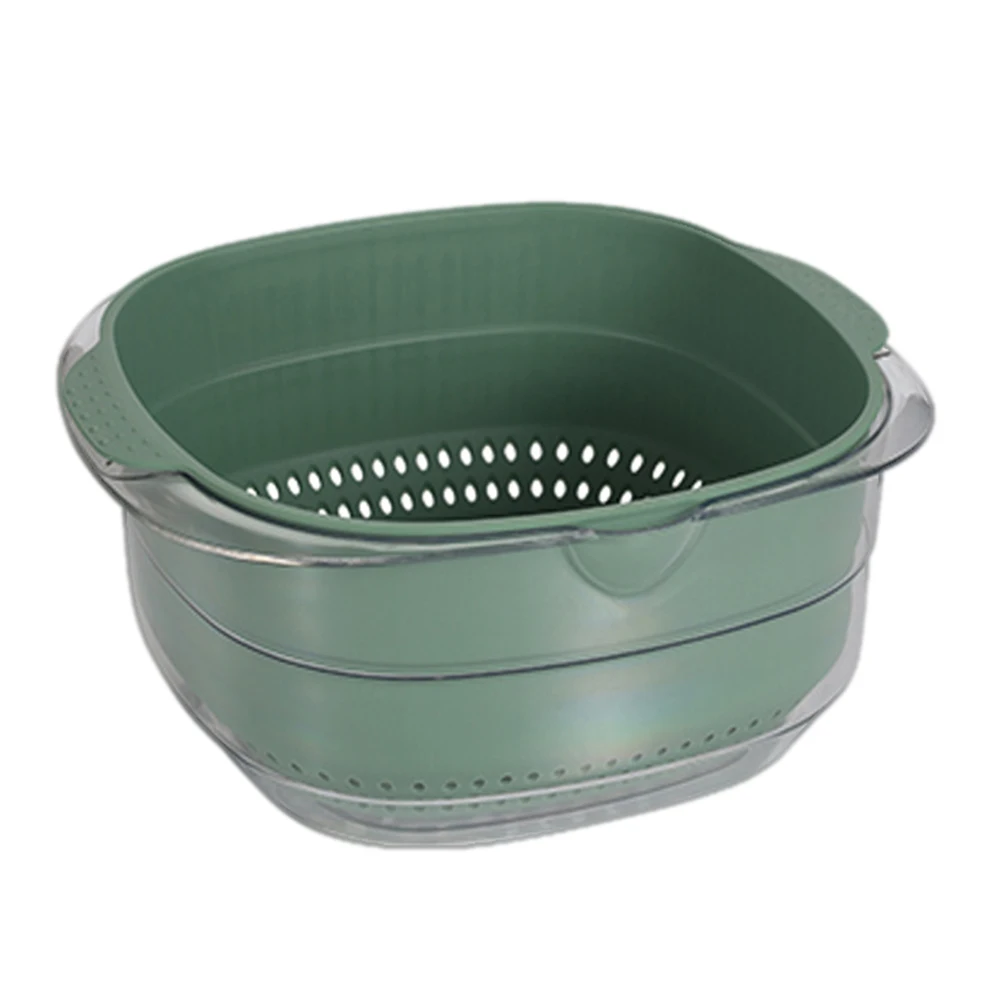

Plastic Double Layer Kitchen Fruit Vegetable Strainer Filtration Washing Soaking Rinsing Storage Green