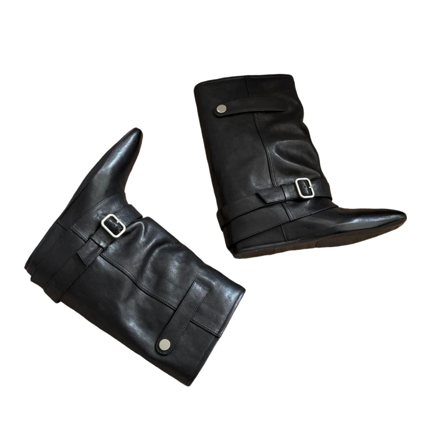 Soft Vegetable‑Tanned Cow Leather Boots Genuine Leather Metal Buckle Strap Design Ladies Flat Heel Retro Slip‑on Boots BH1514
