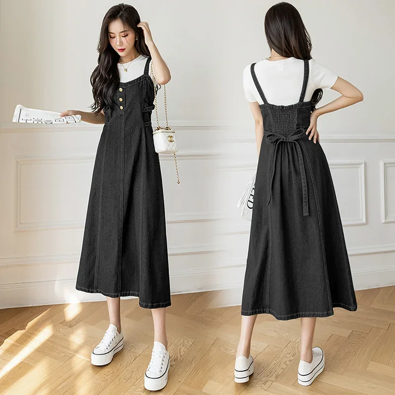 Women Denim Strap Dress High Waist Sleeveless A-Line Jean Maxi Dresses Spring Summer Lace Up Solid Color Dress S-5XL