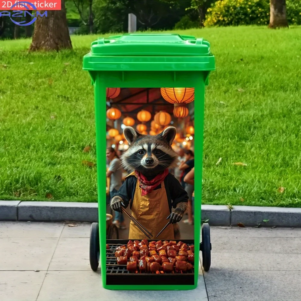 1pc, BBQ Raccoon Theme, Trash Can Sticker, Holiday Party Decoration, Self-Adhesive PVC Sticker, Outdoor Waterproof, Suitable f