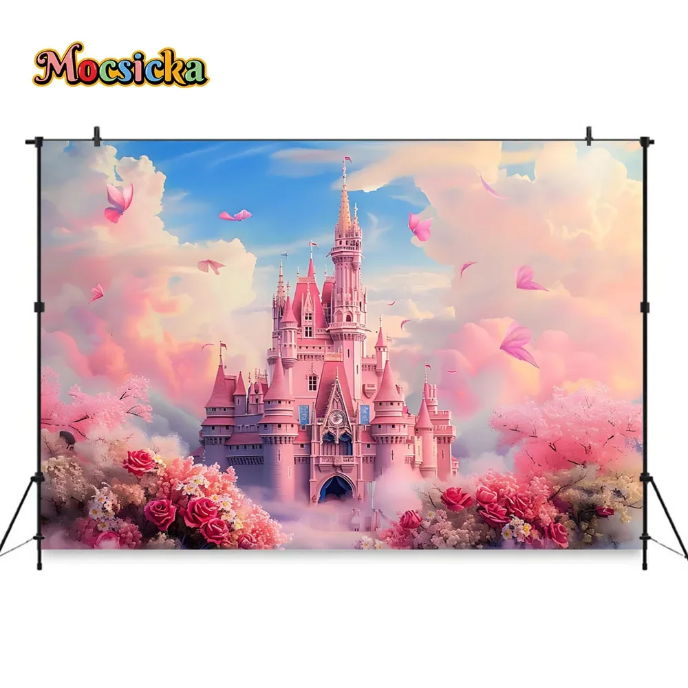 Фон для фотосъемки принцессы девочки дня рождения свадьбы Розовый замок Цветочная фотозона для студийной фотосъемки торта