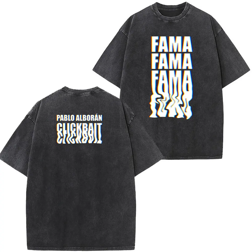 Camiseta Vintage Lavada con Estampado de Pablo Alborán Fama Fama Fama 2026, Camisetas de Moda para Hombre, Camisetas Casuales Holgadas de Manga Corta
