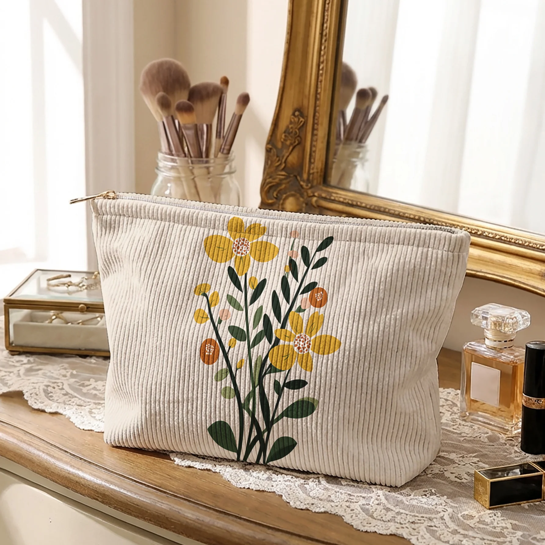 Makeup Bag with an Artistic and Fresh Design Featuring a Creamy White Base with Bright Yellow Small Flowers and Green Makeup Bag